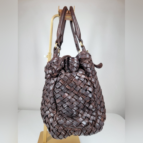 Marta Ponti Portugal Leather Fabric Woven Tote Shoulder Hand Satchel Bag Brown - Picture 2 of 11